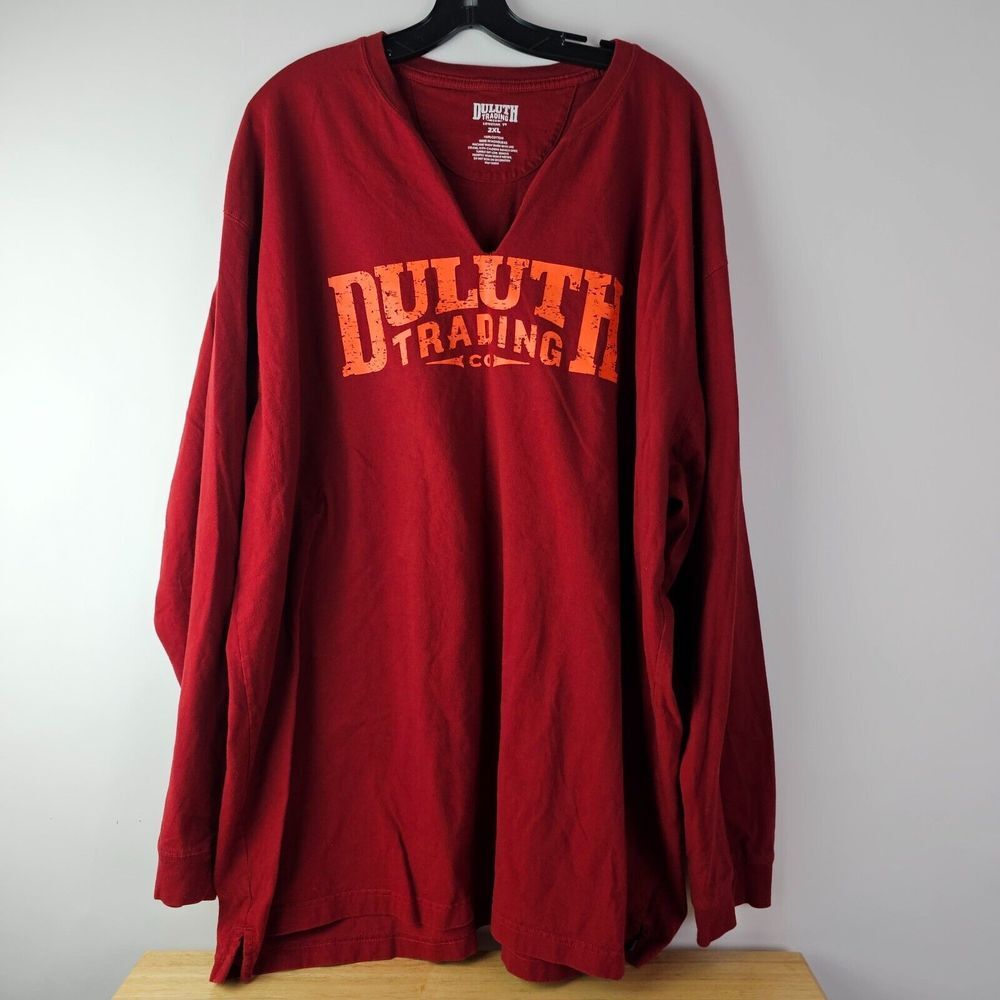 Duluth Trading 2XL T-Shirt Mens Long Sleeve Red Logo Spell Out V-neck Casual